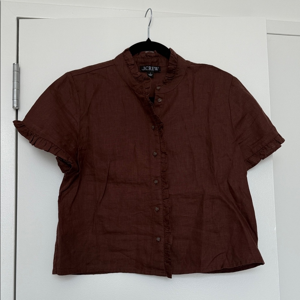 J. Crew Nadia Collarless Brown Ruffle Trim Top - size S